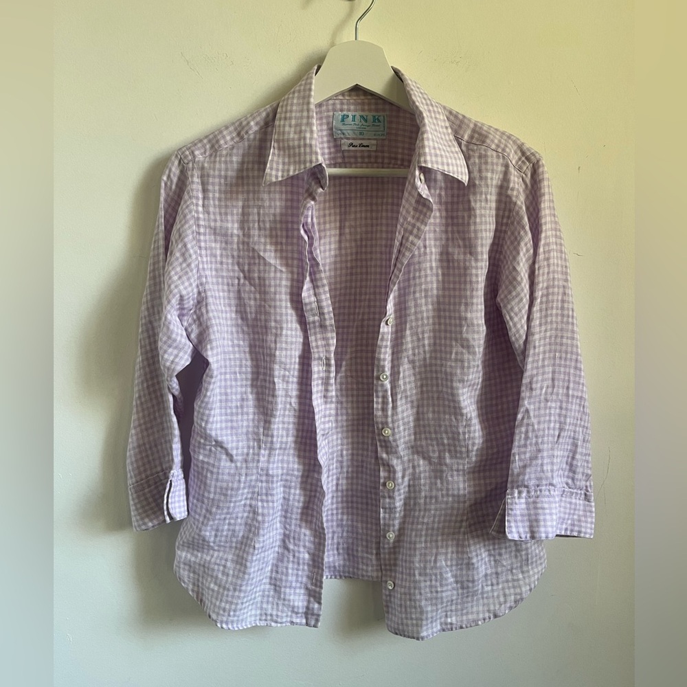 Thomas Pink womens linen button up shirt Small Gingham Purple Made In Ireland